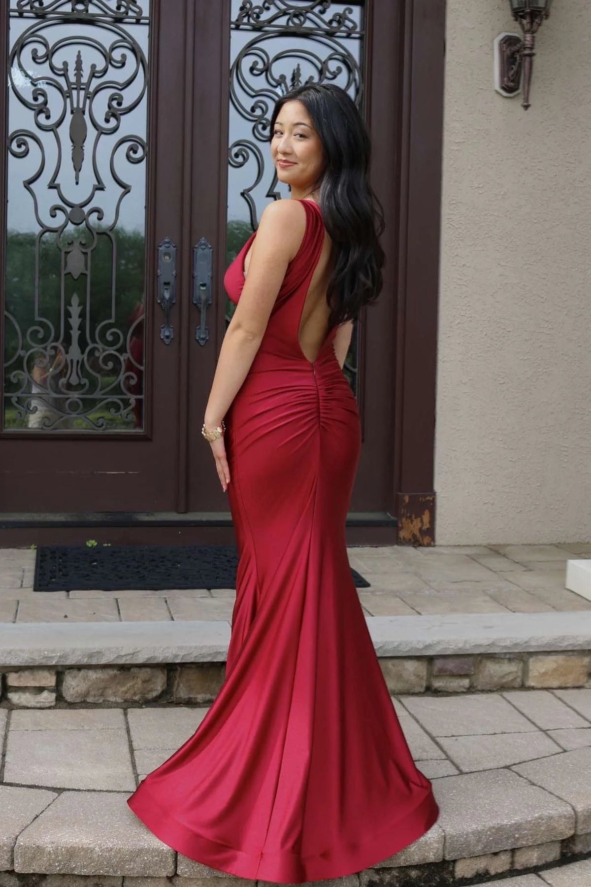 Weitese Dress V-neck Red Open Back Mermaid Long Dress Corset Bodice Prom Dress